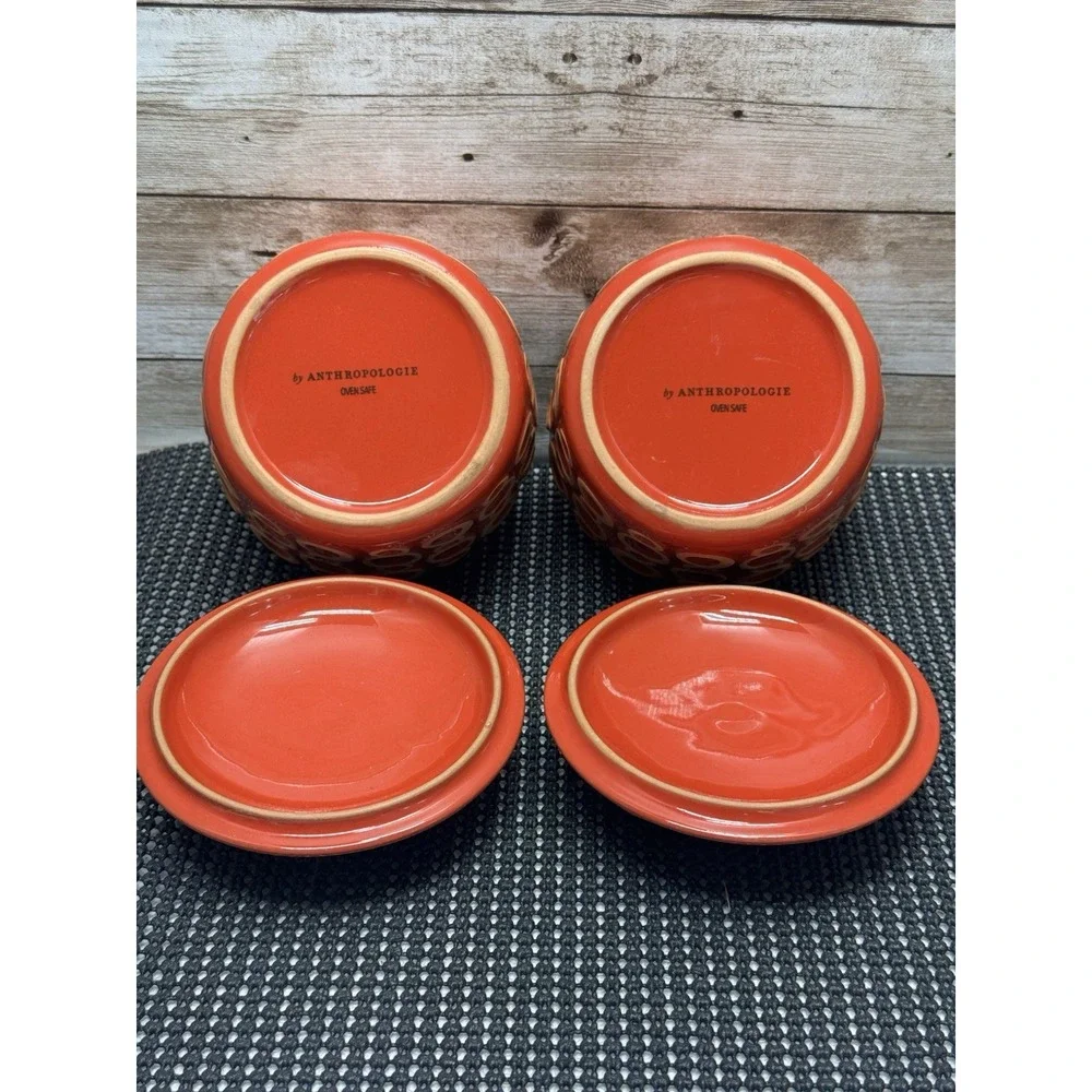 Set 2 Anthropologie Siena Mini Baking Dish or Trinket Dish Red Beige Circles NEW